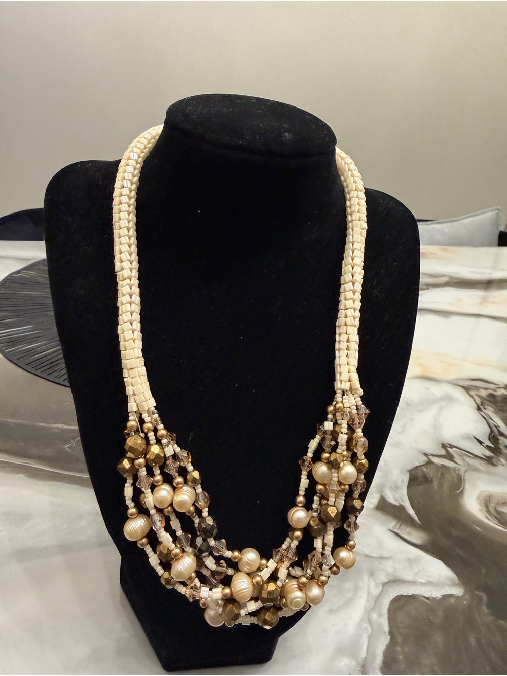 Braided Cream and Gold Multi-Strand Beaded Necklace